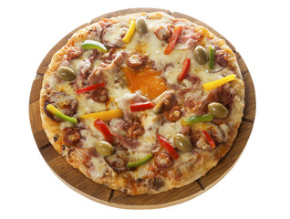 Pizza with several kinds of meat products, mushrooms and cheese. Isolated in white.