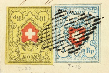 Fototapeta na wymiar schweizer Brief mit 5 und 10 Rappen Rayon Briefmarken