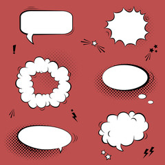 Vector colorful seamless pattern of comic book page with various speech bubbles, rays, stars, dots, halftone background