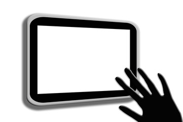 Tableta, computadora portátil, fondo blanco, pantalla táctil, tecnología, mano, dedos