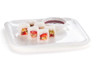 Sweet sushi roll isolated on white background