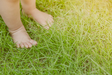 Baby feet in grass ( Filtered image processed vintage effect. )
