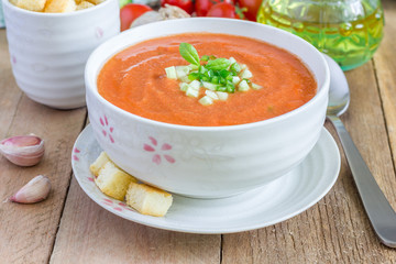 Cold tomato soup gazpacho in a bowl with croutons