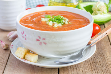 Cold tomato soup gazpacho in a bowl with croutons