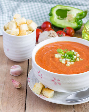 Cold tomato soup gazpacho in a bowl with croutons
