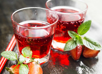 Refreshing Red Juice in Transparent Glasses with Strawberry, Min
