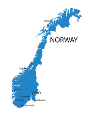 Image of blue map of Norway with indication of largest cities printed on Printed Glass Basin Splashbacks