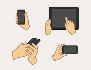 Hand holding smart phone, pointing on smart phone tablet, mobile device icon