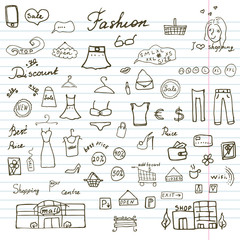 Fashion collection Sketchy Doodles set with Lettering, Hand-Drawn Vector Illustration Design Elements on Lined Sketchbook Paper Background