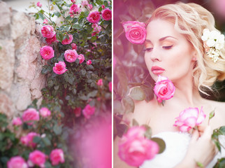 Fototapeta na wymiar Attractive young bride posing near roses garden