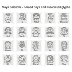 icons with  Maya calendar named days and associated glyphs