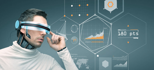 man with futuristic 3d glasses and sensors