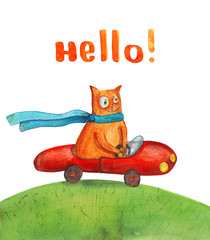 Cat in red car. Hello! Watercolor