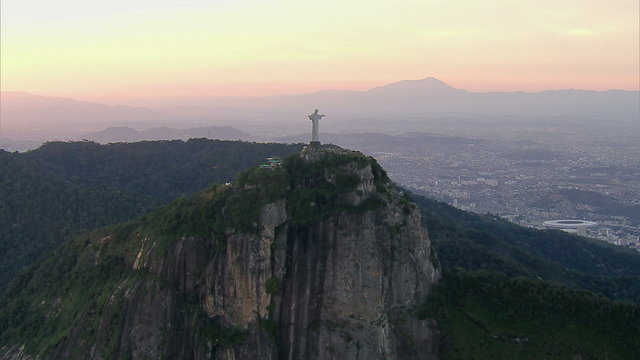 Aerial view of Christ the Redemeer Statue at Sunset, Rio de Janeiro, Brazil
