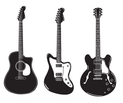 set of acoustic guitars and electric guitars. 