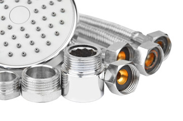 Plumbing fitting, hosepipe and showerhead, isolated on white background