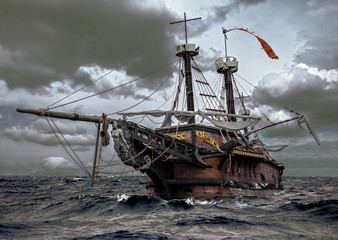 Abandoned ship at the sea - obrazy, fototapety, plakaty