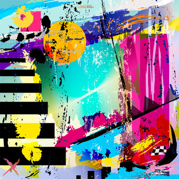 abstract background, with squares, triangles, paint strokes and