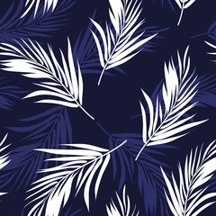 Dark blue and white seamless graphic pattern with palm tree