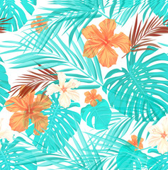 Fototapeta na wymiar Bright seamless summer tropical pattern with palm tree leaves
