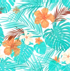 Wall murals Turquoise Bright seamless summer tropical pattern with palm tree leaves