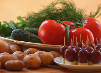 cucumber, tomato, potatoes, onions and celery