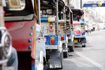 Tuk tuks taxi lined up in Nonthaburi Province, Thailand