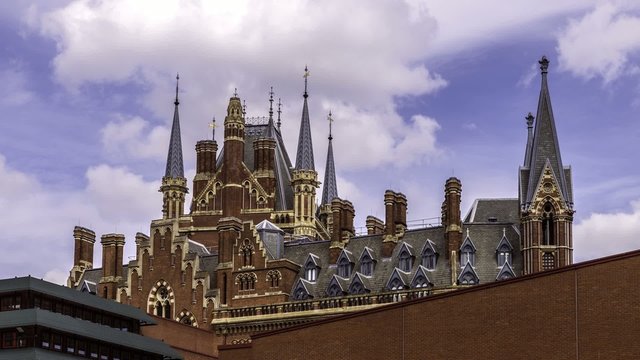 Timelapse view of the Victorian neogothic top part of St Pancras station in London