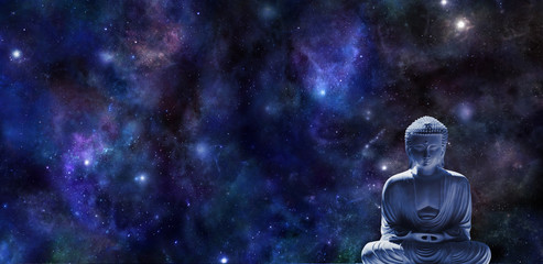 Mindfulness Meditation Banner with Buddha and night sky background