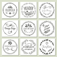 Hand drawing logo design with wreath and floral elements
