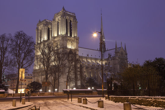 Notre Dame De Paris In Winter By Night