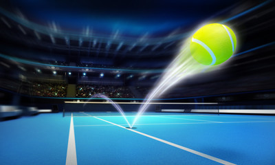 tennis ball ace strike on a blue court in motion blur