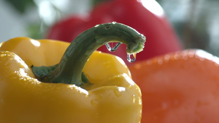 Water drips on bell peppers in slow motion - Powered by Adobe