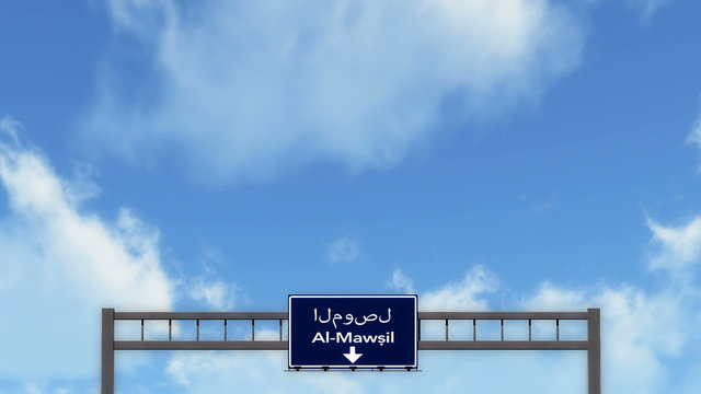 Passing under Al Mawsil Mosul Iraq Highway Road Sign
  