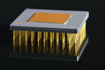 Close-up view of CPU on black background.