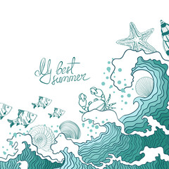Summer illustration of ocean waves and marine life.