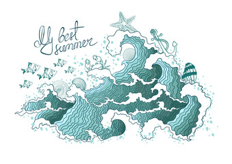 Summer illustration of ocean waves and marine life.