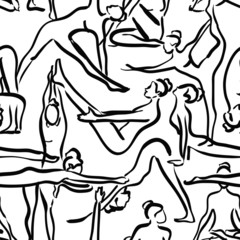 Yoga seamless pattern with black silhouettes of women.