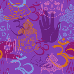 Seamless pattern of Buddha face, om sign and palm.