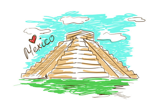 Sketch illustration of Chichen Itza Mayan Pyramid in Mexico