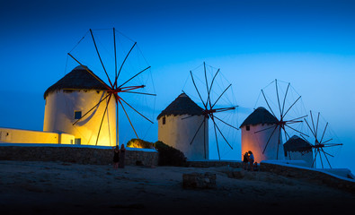Mills on the Greek island in the sunset