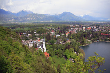 Resort town on coast of Alpine lake. Bled, Slovenia