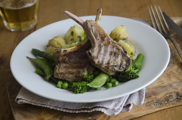 Lamb cutlets with minted spring vegetables