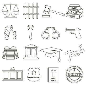 justice and law black outline icons set eps10