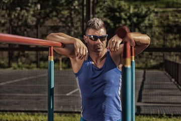 Stock Photo:Handsome healthy happy strong athlete male man exerc