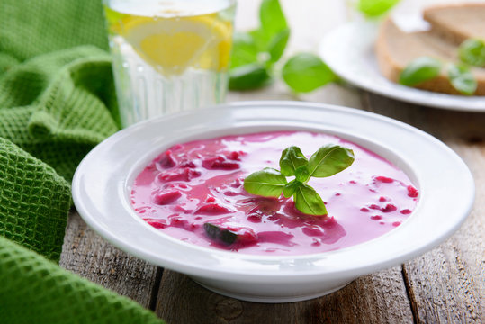Russian cuisine - cold soup from beetrot and cucumbers