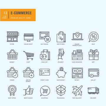 Thin line icons set. Icons for e-commerce, online shopping.    