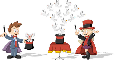 Cartoon magician kids holding magic wands performing tricks with animals © denis_pc