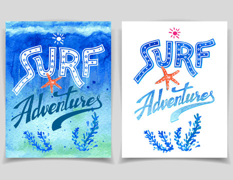 Surf Adventures. Set of vector watercolor surfing greeting cards