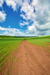 The road into the field against the blue sky with clouds